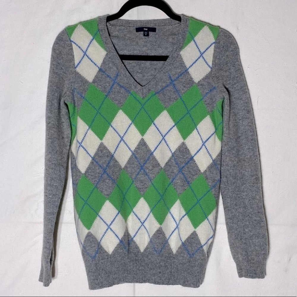 GAP Grey White Green Argyle Lambswool Knit V Neck Sweater S Academia Twee
